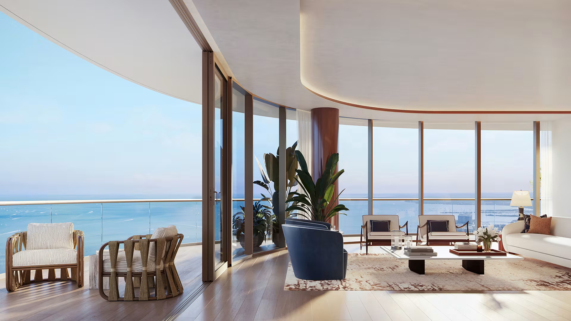 Living room with floor-to-ceiling windows and ocean views
