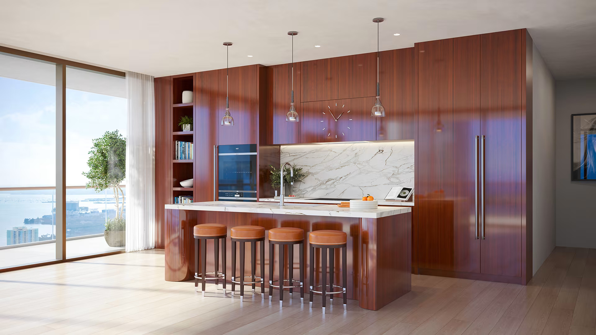 Gourmet kitchen with rich wood cabinetry and marble countertops